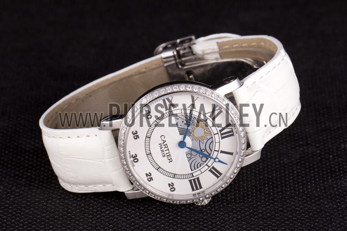 Cartier Moonphase Silver Watch with White Leather Band ct257 621376