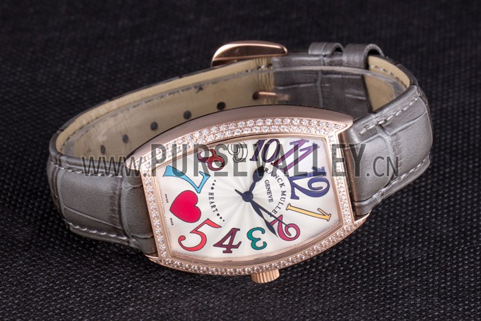 Franck Muller Heart Diamond Gold Bezel Grey Leather Band 621591