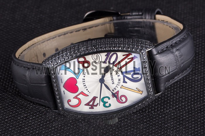 Franck Muller Heart Diamond Silver Bezel Black Leather Band 621595