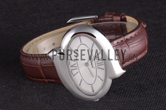 Chopard Luxury Silver Bezel with White Dial and Brown Leather Strap 621546