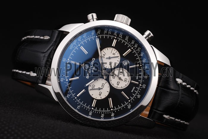 Breitling Transocean Black Dial Black Leather Strap Polished Stainless Steel Bezel