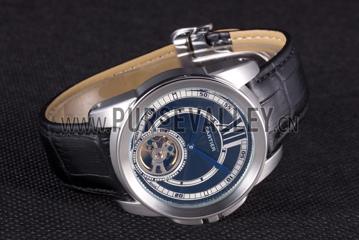 Cartier Calibre Flying Tourbillon Black Dial Stainless Steel Case Black Leather Bracelet