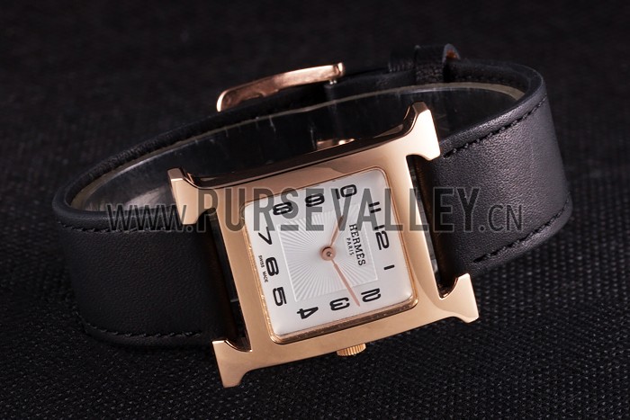 Hermes Heure H Rose Gold Bezel Black Leather Strap White Dial 80235