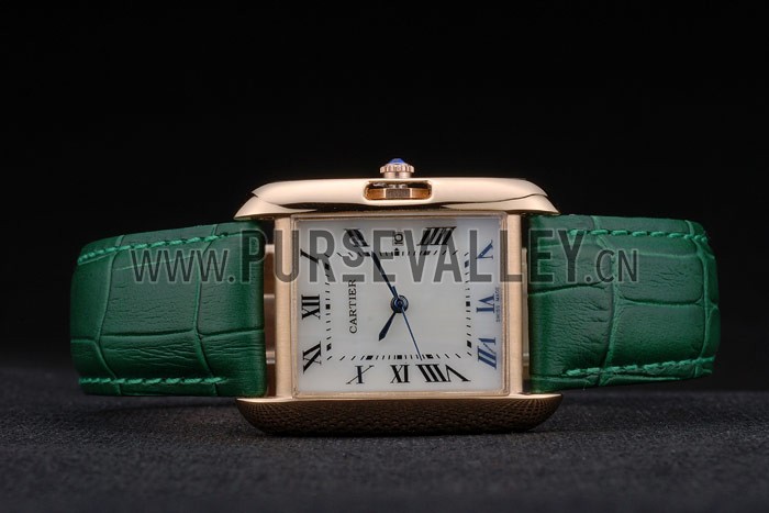 Cartier Tank Anglaise 30mm White Dial Gold Case Green Leather Bracelet