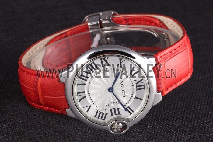 Cartier Ballon Bleu Silver Bezel with White Dial Red Leather Band 621551