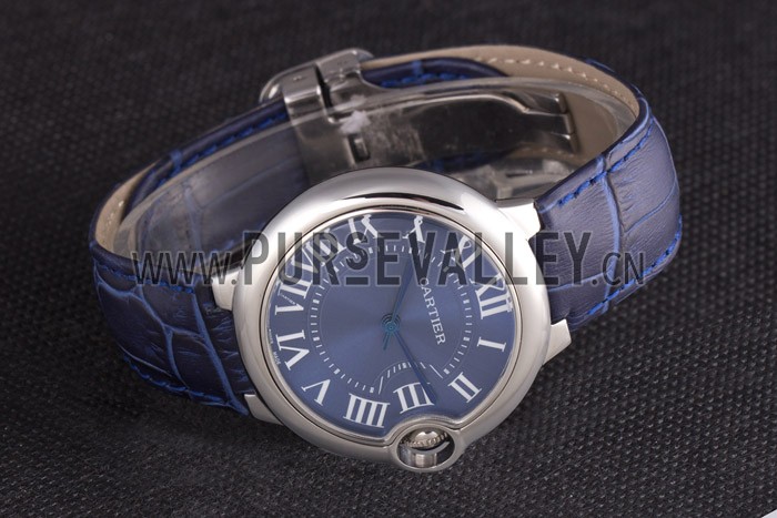 Cartier Ballon Bleu Silver Bezel with Dark Blue Dial and Dark Blue Leather Band 621555