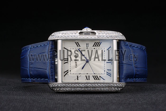 Cartier Tank Anglaise 36mm White Dial Diamonds Steel Case Blue Leather Bracelet