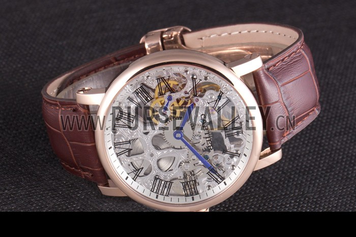 Cartier Luxury Skeleton Watch with Rose Gold Bezel and Brown Leather Band 621557