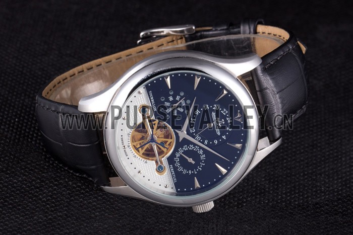 Jaeger Lecoultre Tourbillon Perpetuel Silver Bezel Black Leather Band 621614