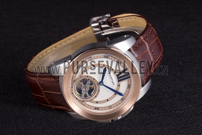 Cartier Calibre Flying Tourbillon White Dial Two Tone Case Brown Leather Bracelet