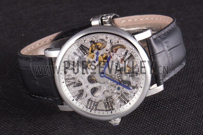 Cartier Luxury Skeleton Watch with Silver Bezel and Black Leather Band 621559