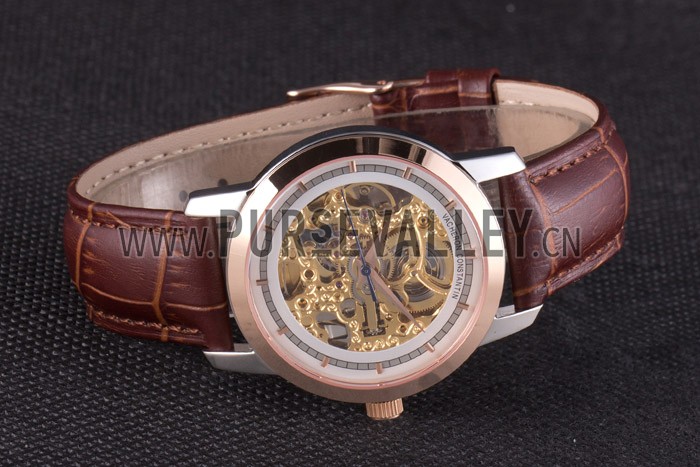 Vacheron Constantin White Skeleton Watch with Rose Gold Bezel and Brown Leather Strap 621539