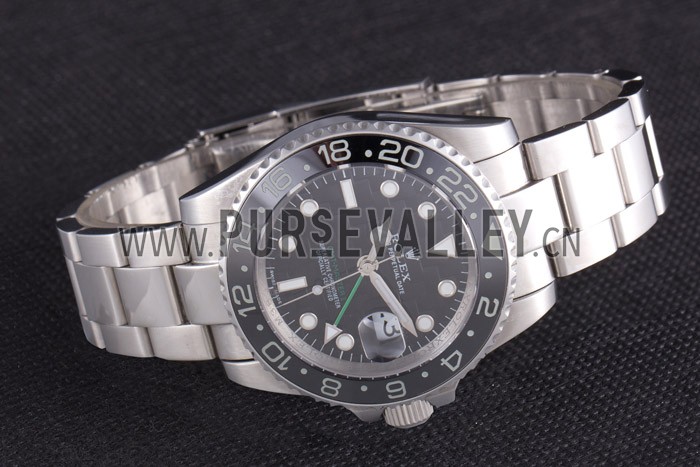 Rolex GMT Stainless Steel Bracelet with Black Enamel Bezel and Black Dial 621571