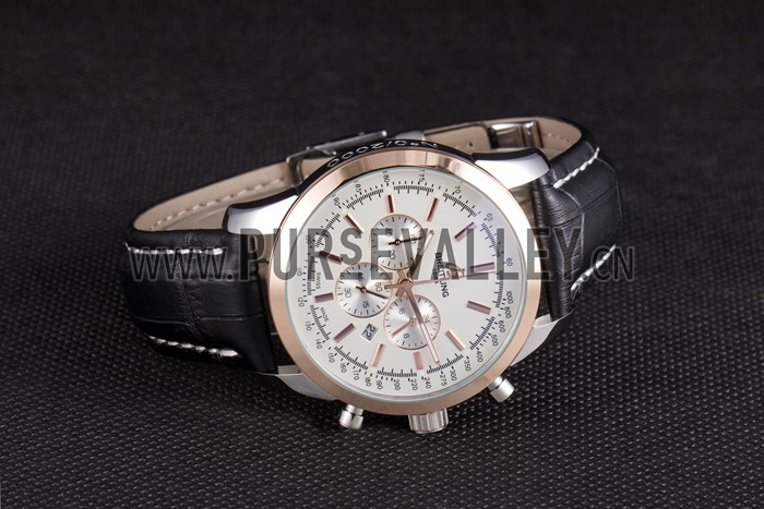 Breitling Transocean White Dial Black Leather Strap Rose Gold Bezel 98205