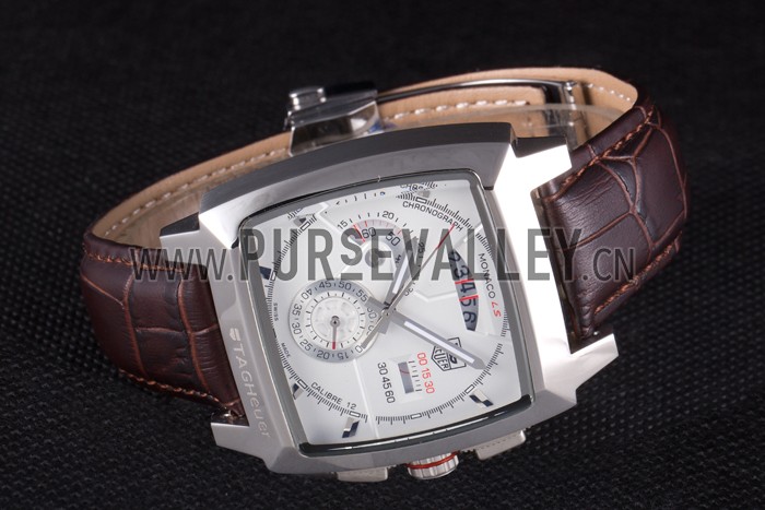 Tag Heuer Monaco Brushed Stainless Steel Case White Dial Brown Leather Strap 98173