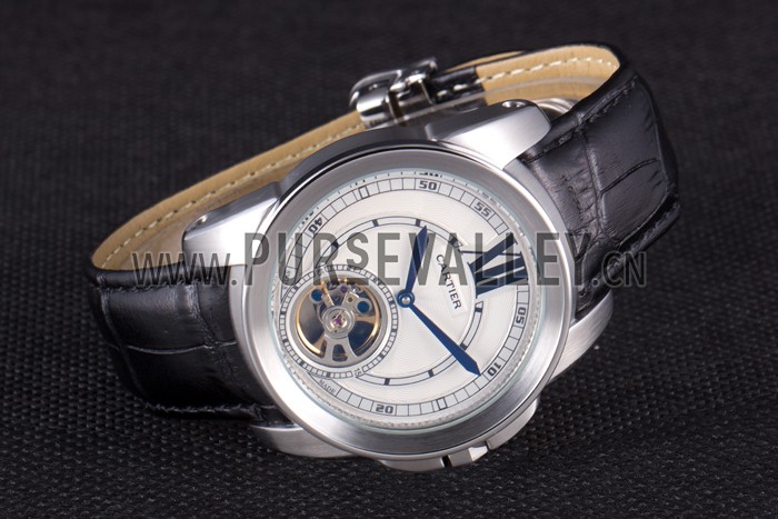 Cartier Calibre Flying Tourbillon White Dial Stainless Steel Case Black Leather Bracelet