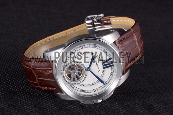 Cartier Calibre Flying Tourbillon White Dial Stainless Steel Case Brown Leather Bracelet