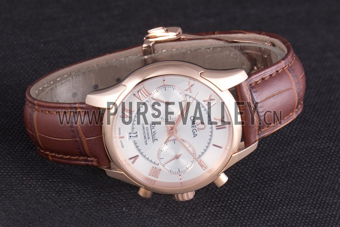 Omega DeVille Rose Gold Bezel with White Dial and Brown Leather Strap 621570