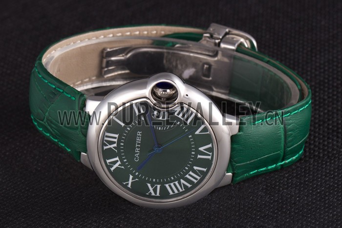 Cartier Ballon Bleu Silver Bezel with Green Dial and Green Leather Band 621553