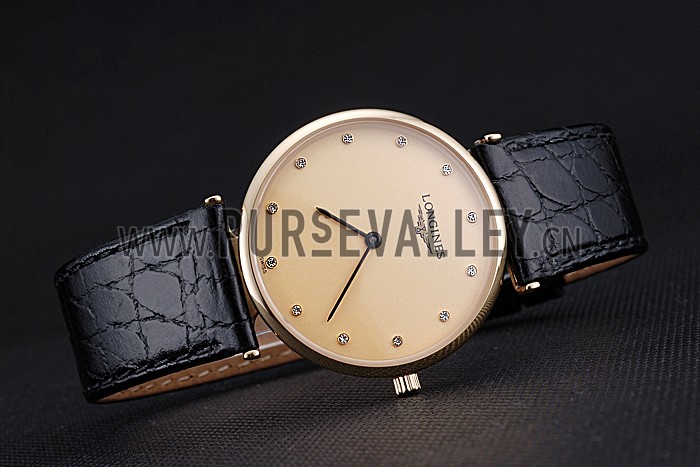 Longines La Grande Classique Champagne Dial Black Leather Band Diamond Markers Homme 622121