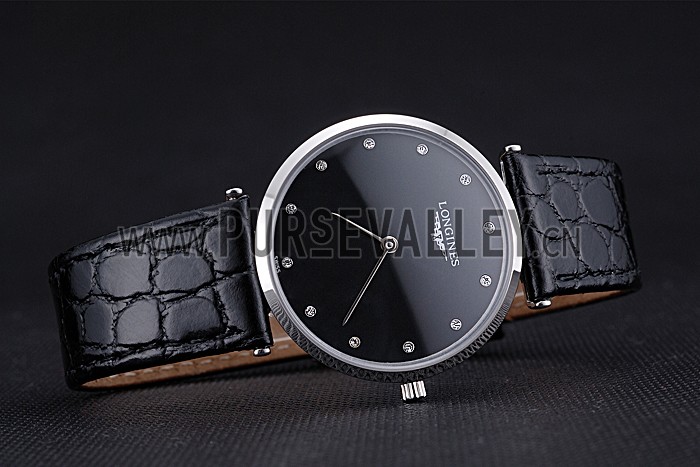 Longines La Grande Classique Black Dial Black Leather Band Diamond Markers Homme 622129