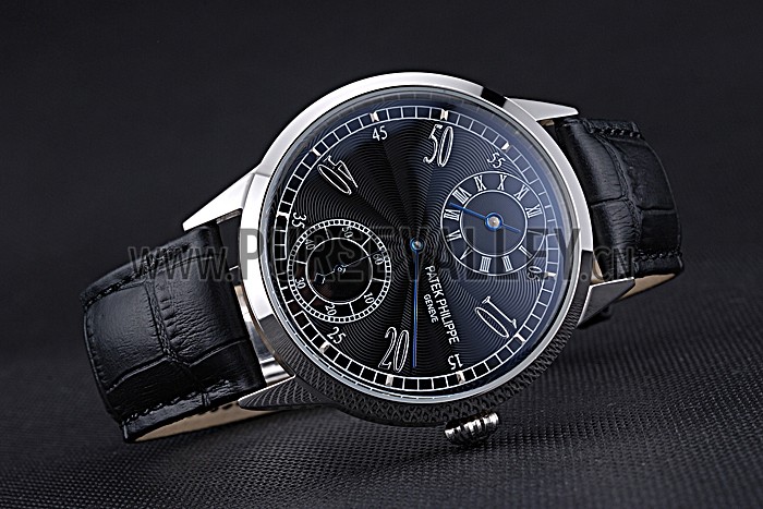 Patek Philippe Geneve Two Dial Black Dial Stainless Steel Bezel Black Leather Band 622145