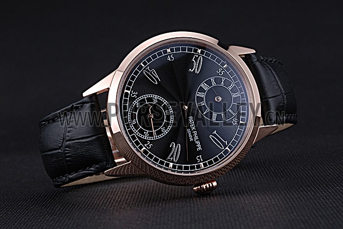 Patek Philippe Geneve Two Dial Black Dial Rose Gold Bezel Black Leather Band 622146