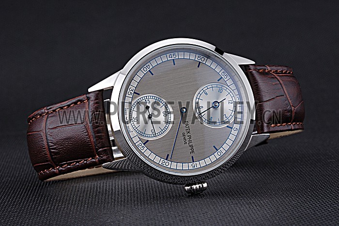 Patek Philippe Geneve Two Dial Gray Dial Stainless Steel Bezel Brown Leather Band 622147