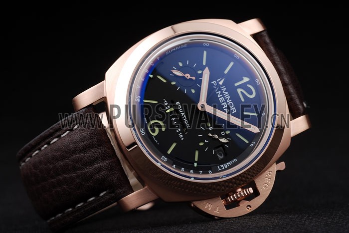 Panerai Luminor Rose Gold Case Black Dial Dark Brown Leather Strap