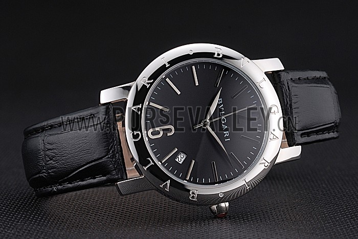 Bvlgari Black Dial Stainless Steel Case Black Leather Bracelet 622431