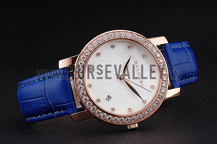 Bvlgari White Dial Diamond Case Blue Leather Bracelet 622438