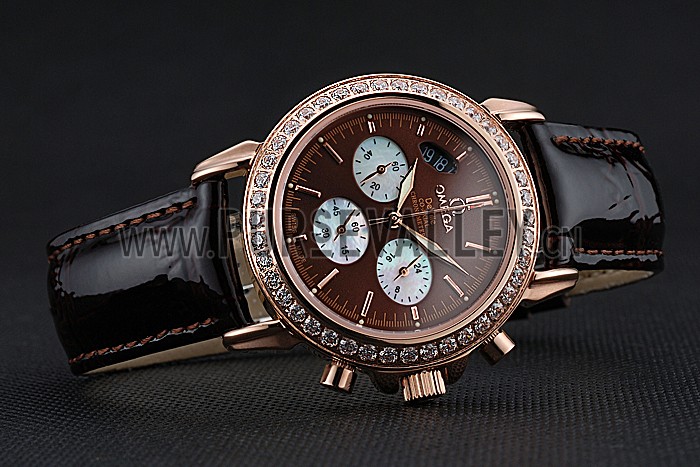 Omega De Ville Chronograph Brown Dial Gold Diamond Case Brown Leather Bracelet 622457