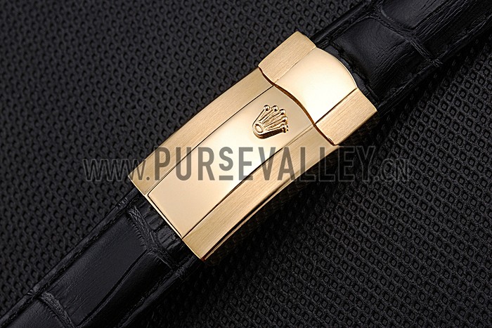 Rolex Black Leather with Gold Clasp Bracelet 622496
