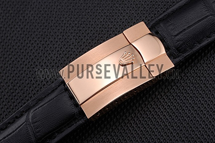 Rolex Black Leather with Rose Gold Clasp Bracelet 622498