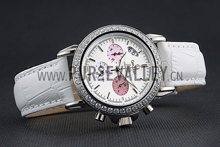 Omega De Ville Chronograph White Dial Stainless Steel Diamond Case White Leather Bracelet 622453