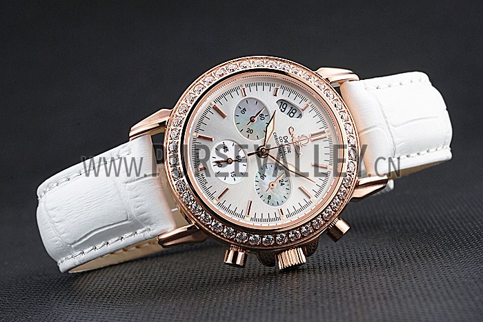 Omega Speedmaster Chronograph White Dial Gold Diamond Case White Leather Bracelet 622455