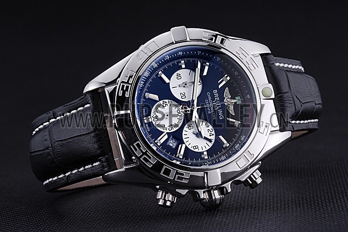 Breitling Chronomat 44 Black Dial with White Subdials Black Leather Bracelet 622511