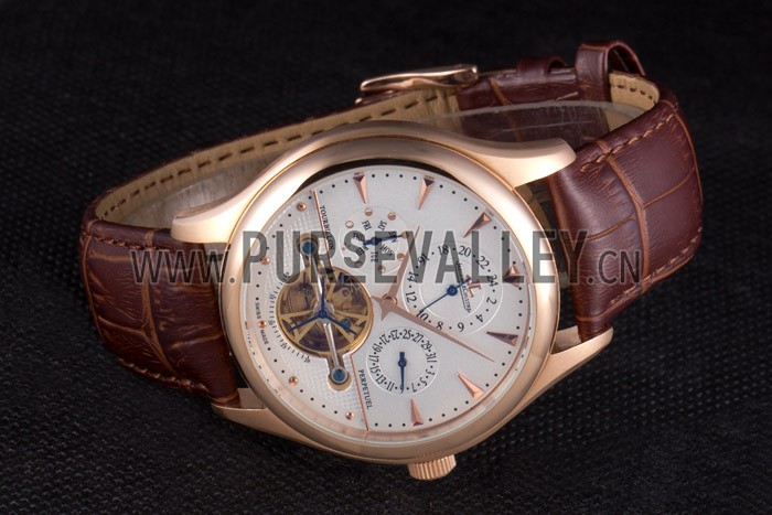 Jaeger Lecoultre Tourbillon Perpetuel Gold Bezel Brown Leather Band 621618
