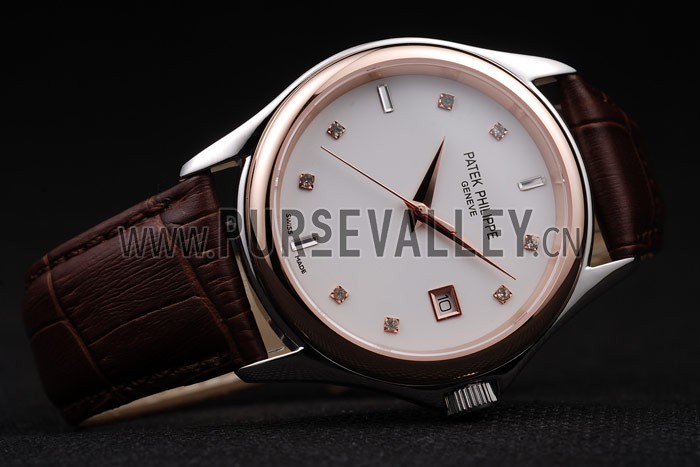 Patek Philippe Geneve Calatrava Crystal Studded Hour Marker White Dial Brown Leather Strap