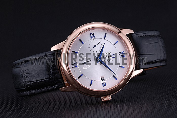 Omega DeVille Prestige Silver Dial Gold Case Black Leather Bracelet 622593