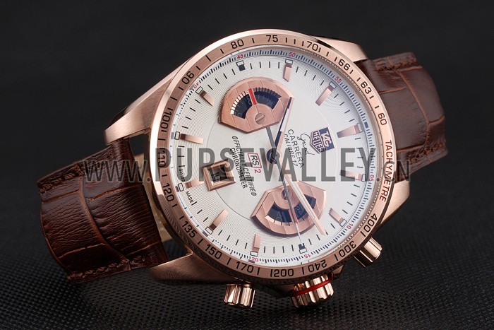 Tag Heuer Carrera Rose Gold Case White Dial Brown Leather Strap 98245