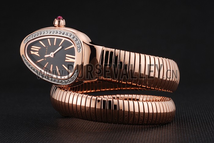 Bvlgari Serpenti 23mm Black Dial Rose Gold Case With Diamonds Rose Gold Bracelet