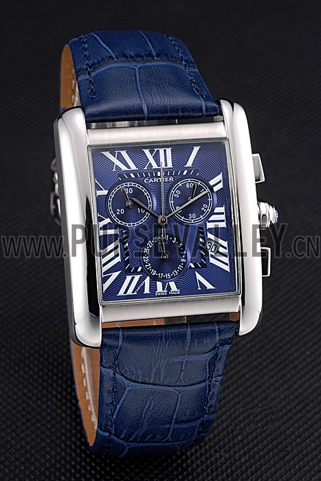 Cartier Tank MC Blue Dial Stainless Steel Case Blue Leather Bracelet 622691