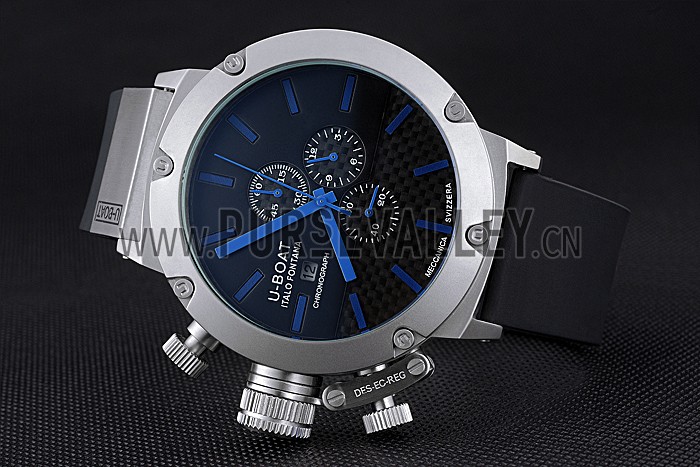 U-Boat Italo Fontana Black Carbon Dial Blue Hour Marks Stainless Steel Case Rubber Bracelet 622708
