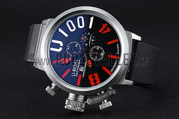 U-Boat 1001 Red On Black Dial Stainless Steel Case Rubber Bracelet 622712