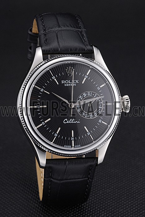 Rolex Cellini Black Dial Stainless Steel Case Black Leather Bracelet 622724