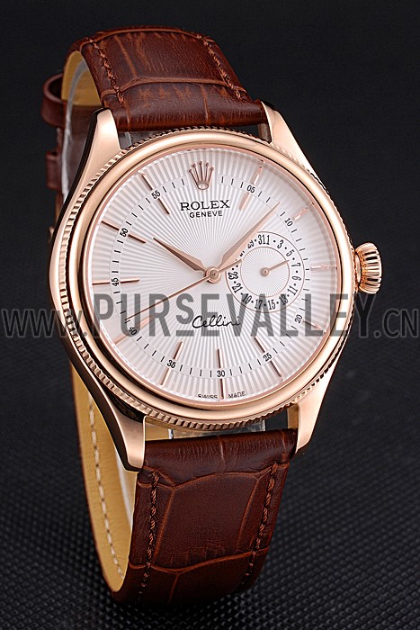 Rolex Cellini White Rose Dial Gold Case Brown Leather Bracelet 622725
