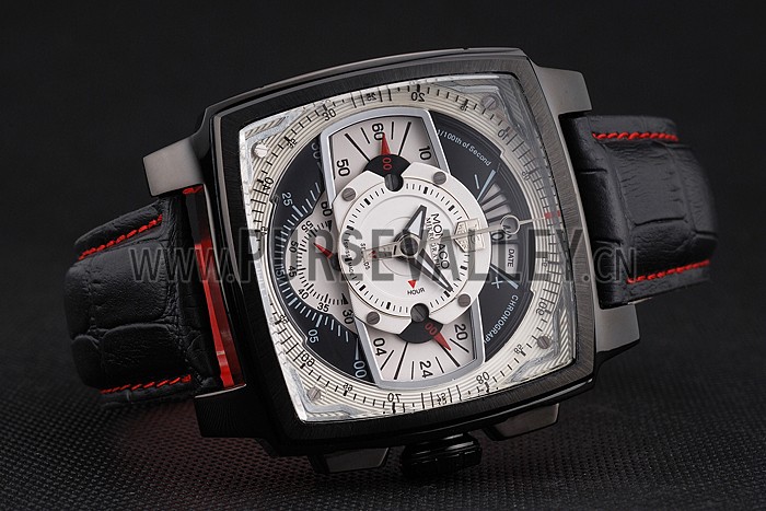 Tag Heuer Monaco Black-Red Perforated Leather Strap White Dial 80307