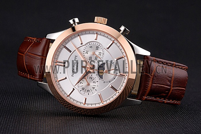 Patek Philippe Moonphase Chronograph White Dial Gold Case Brown Leather Strap 622843