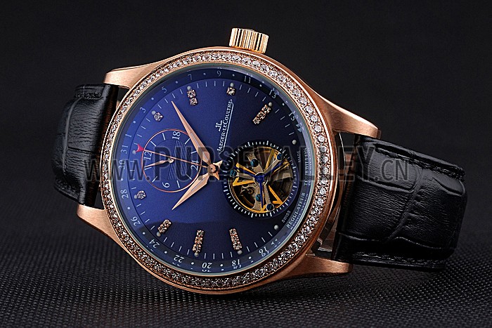 Jaeger-LeCoultre Master Tourbillon Dualtime Black Dial Gold Case With Diamonds Brown Leather Strap 622783